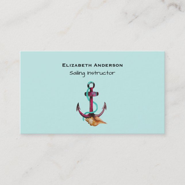 Watercolor Anchor With Rope And Seashell Business Card (Front)