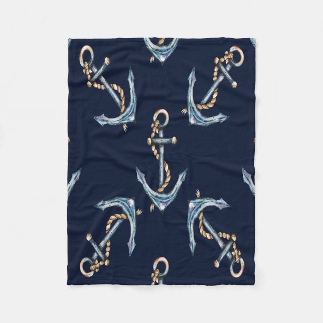 Watercolor Anchors Navy Blue   Fleece Blanket (Front)