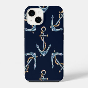 Watercolor Anchors Navy Blue iPhone 14 Case
