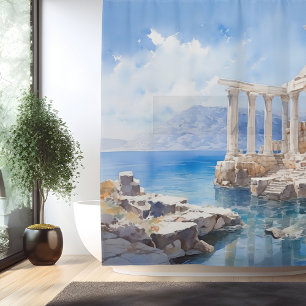 Watercolor Ancient Greek Coastal Ruins Shower Curtain
