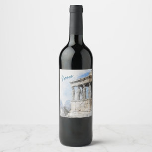 Watercolor Ancient Sites ruins in Athens, Greece Wine Label