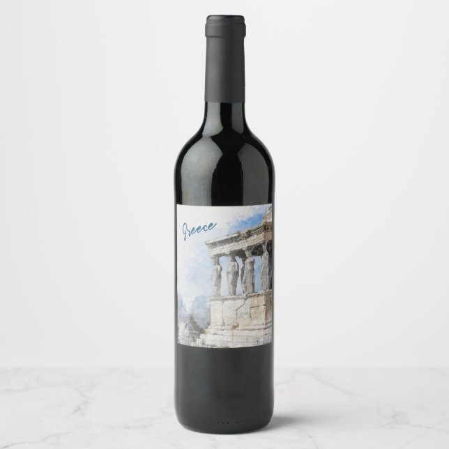 Watercolor Ancient Sites ruins in Athens, Greece Wine Label (Front)