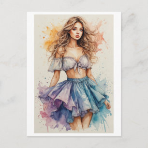 Watercolor and Colourful Young Lady Design on a Holiday Postcard