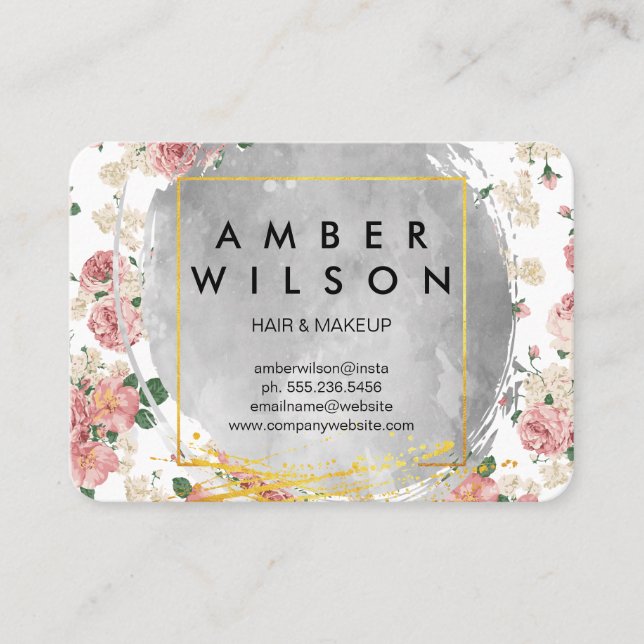 Watercolor and Elegant Floral Gold Foil Business Card (Front)