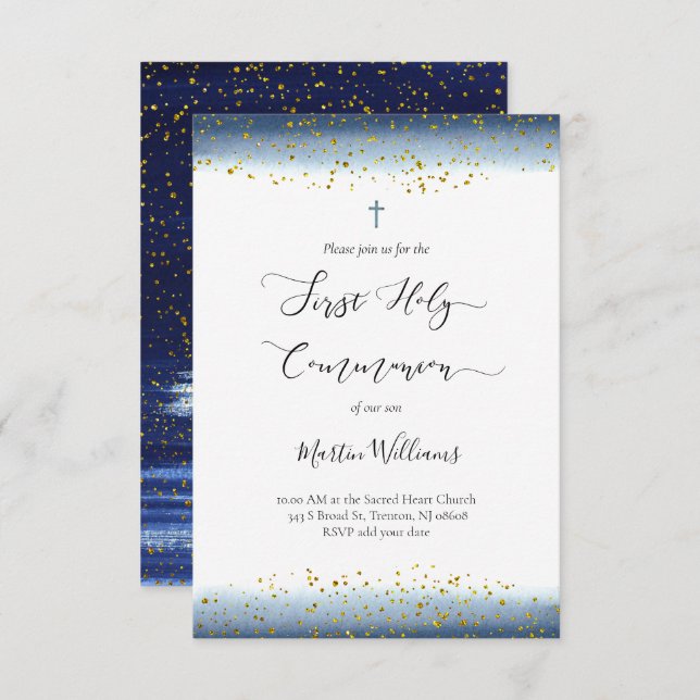 watercolor and FAUX foil confetti First Communion Invitation (Front/Back)