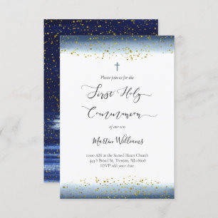 watercolor and FAUX foil confetti First Communion Invitation