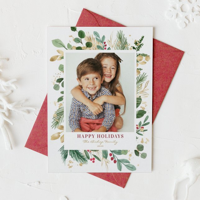 Watercolor and Faux Foil Winter Greenery Photo Holiday Card (Watercolor and Faux Gold Foil Winter Greenery Photo Happy Holidays Card)