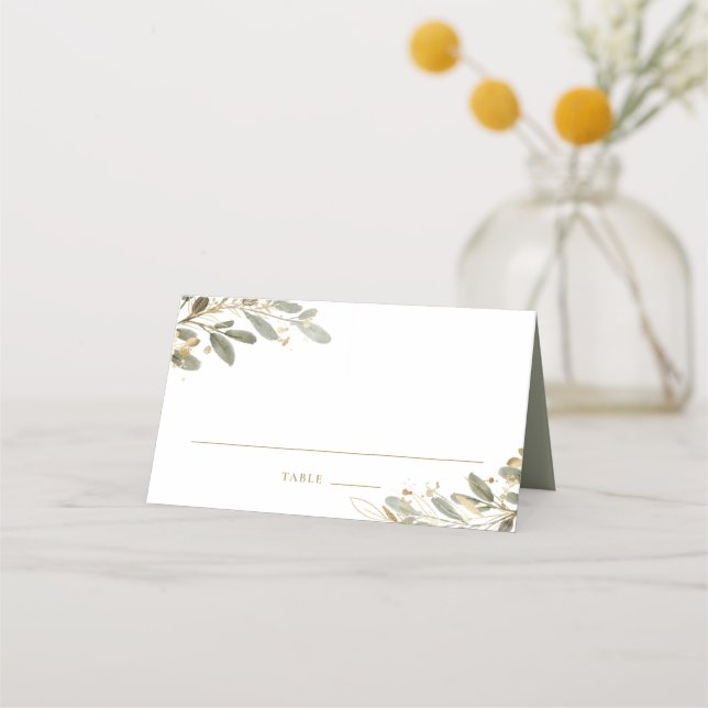 Watercolor and Faux Gold Foil Eucalyptus Leaves Place Card (Front)