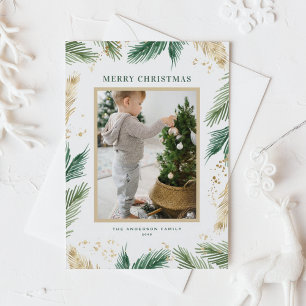 Watercolor and Foil Pine Needles Photo Christmas Postcard