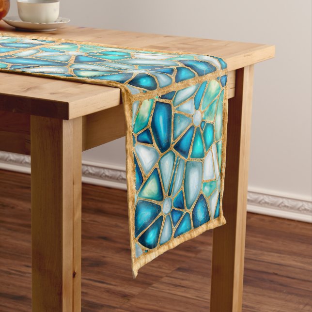 Watercolor and gold cells - ocean medium table runner (In Situ)