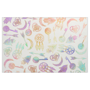 Watercolor and Gold Popular Symbols on White Fabric
