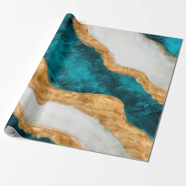 Watercolor and gold Turquoise Wave Abstract Wrapping Paper (Unrolled)