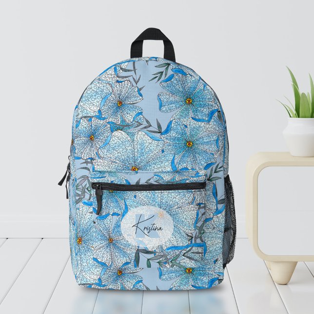 Watercolor and Ink Bohemian Blue Flowers  Printed Backpack (Creator Uploaded)