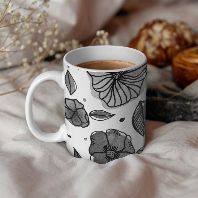 Watercolor and ink flowers – black and white coffee mug (Creator Uploaded)