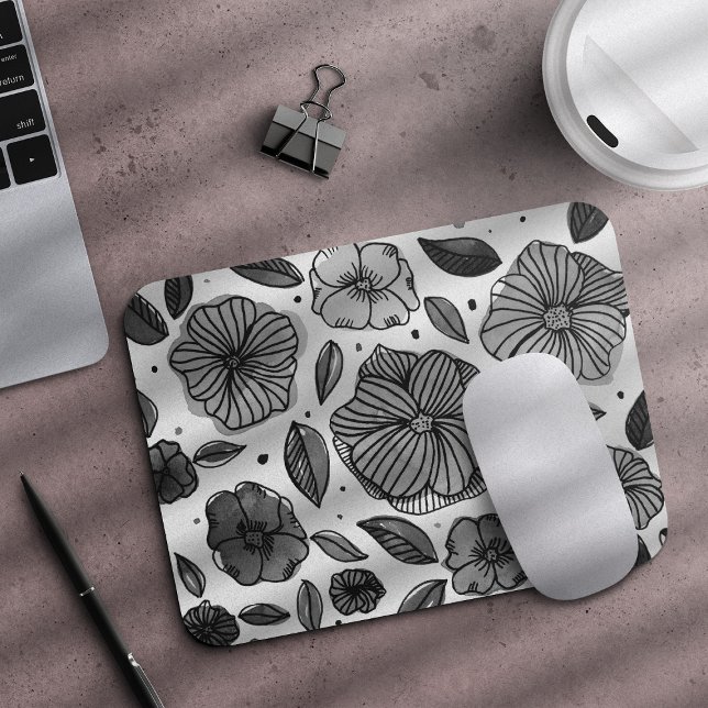 Watercolor and ink flowers – black and white mouse pad (Creator Uploaded)