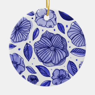 Watercolor and ink flowers – blue palette ceramic tree decoration