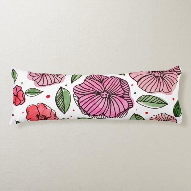 Watercolor and ink flowers – pink and green body cushion (Front)