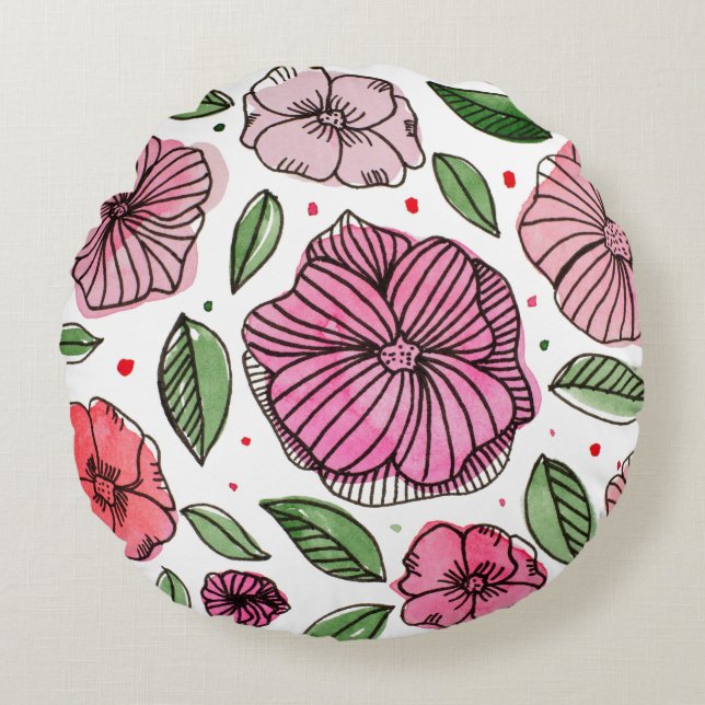 Watercolor and ink flowers – pink and green round cushion (Front)
