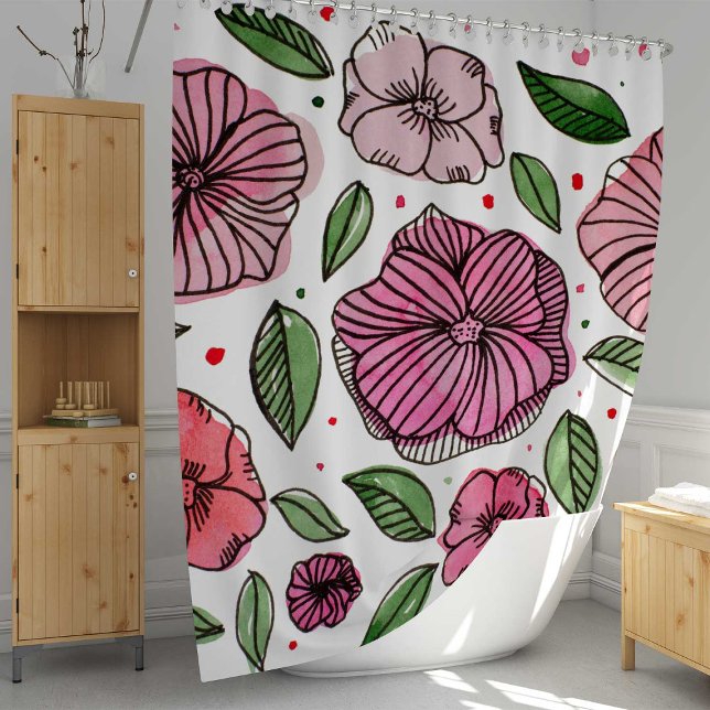 Watercolor and ink flowers – pink and green shower curtain (Creator Uploaded)