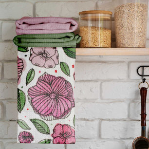 Watercolor and ink flowers – pink and green tea towel