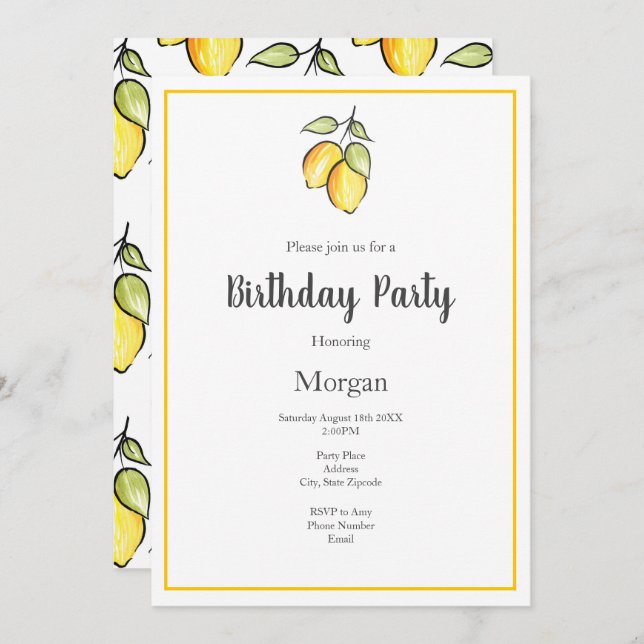 Watercolor and Ink Lemons and Pattern Invitation (Front/Back)
