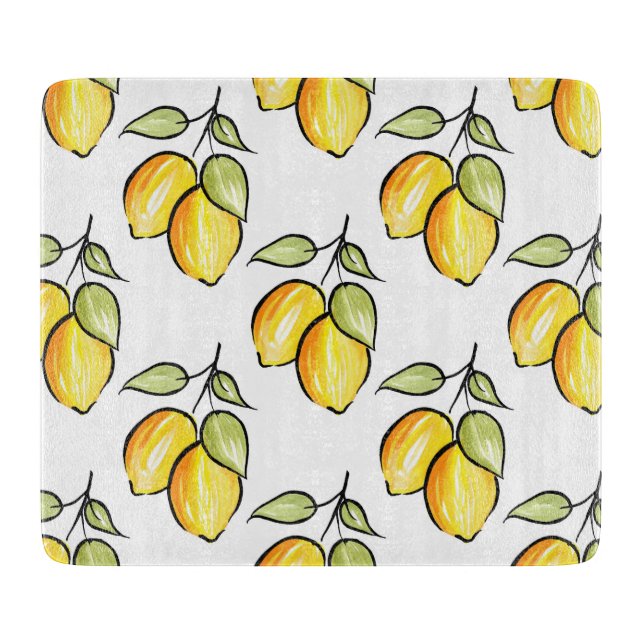 Watercolor and Ink Lemons Pattern Cutting Board (Front)