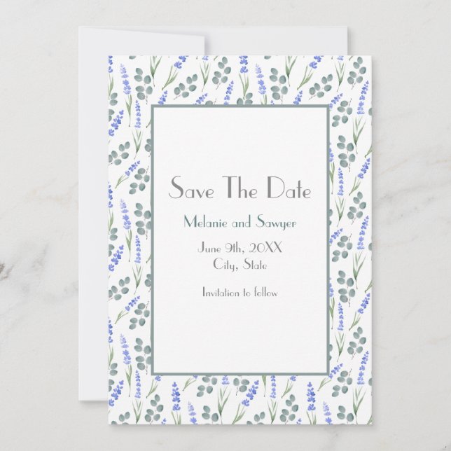 Watercolor and Lavender Eucalyptus Pattern  Save The Date (Front)