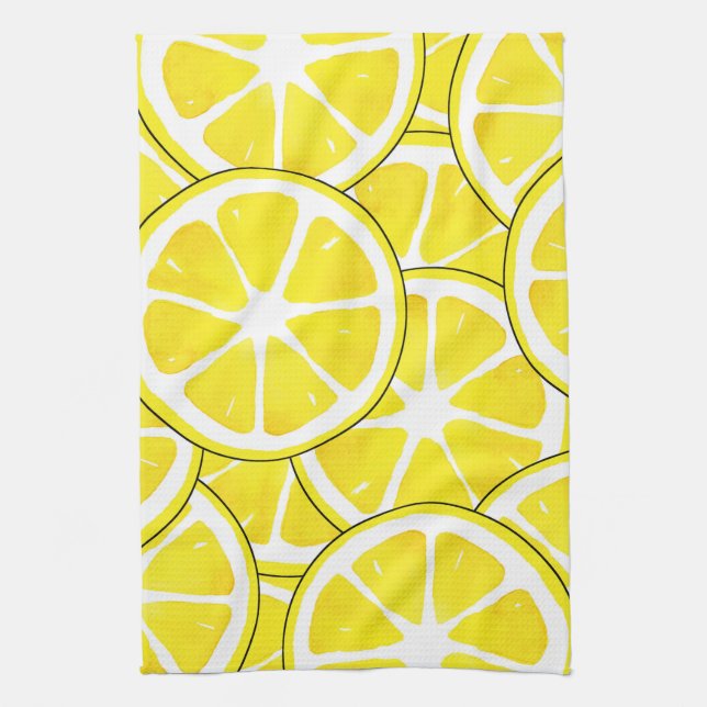 Watercolor and Pen Lemon Slices  Tea Towel (Vertical)