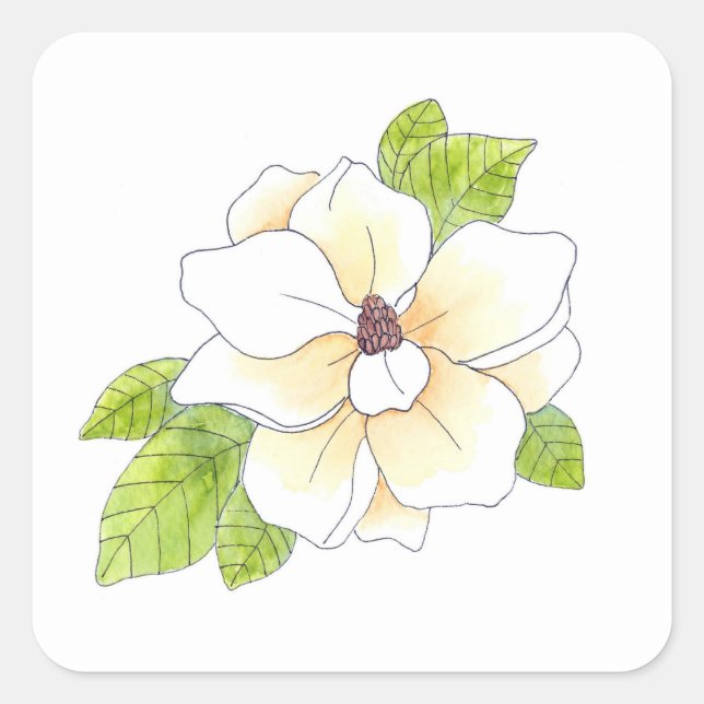 Watercolor and Pen Magnolia Flower Square Sticker (Front)