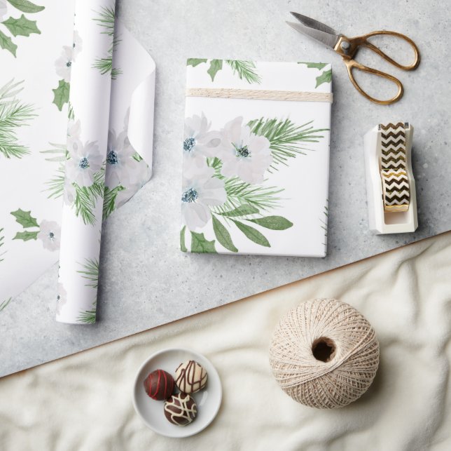 Watercolor anemone and spruce pattern wrapping paper (Crafts)