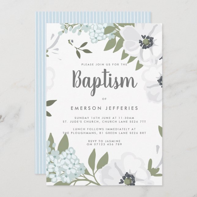 Watercolor Anemone Blue Baptism Invitation (Front/Back)