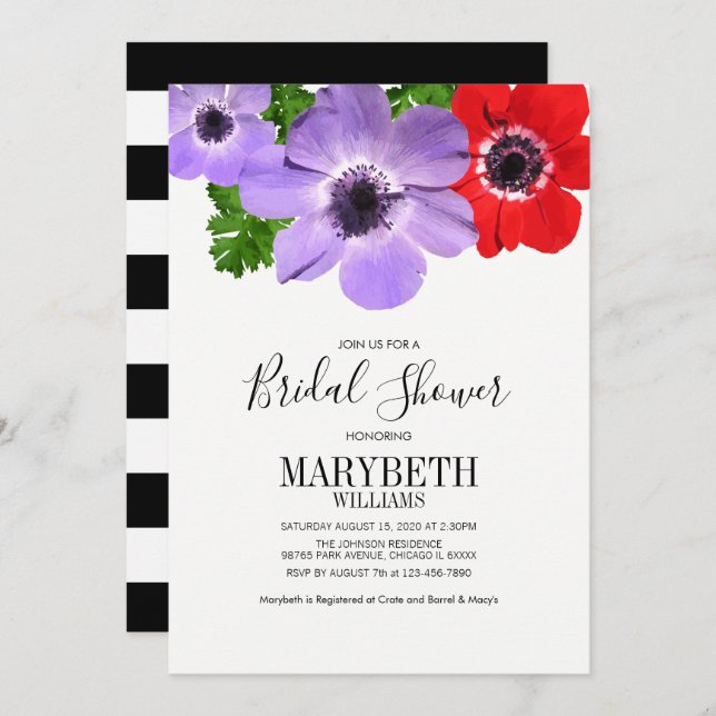 Watercolor Anemone Floral Bridal Shower Card (Front/Back)