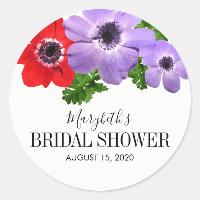 Watercolor Anemone Floral Bridal Shower Sticker (Front)