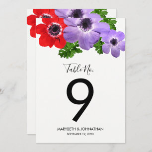 Watercolor Anemone Floral Table Number Card