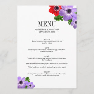 Watercolor Anemone Floral Wedding Menu Card