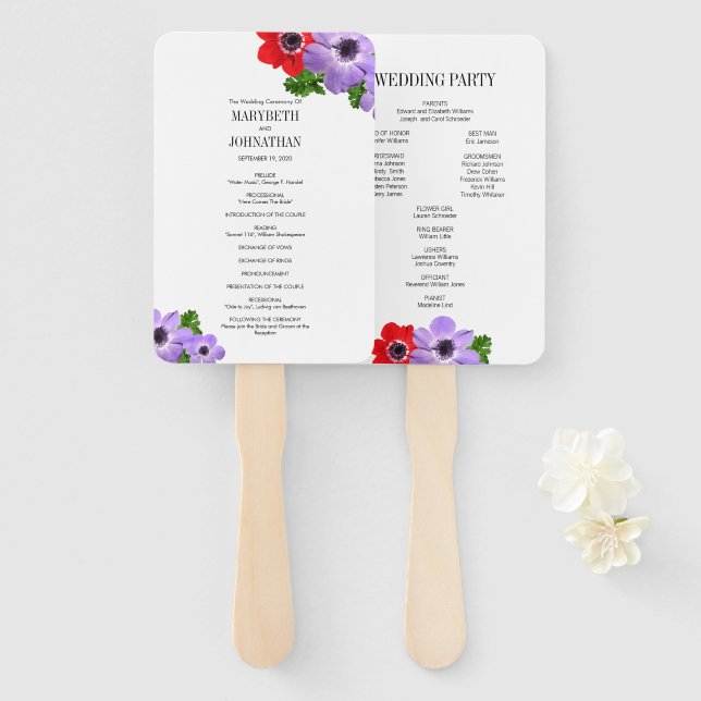Watercolor Anemone Floral Wedding Program Fans (Front and Back)
