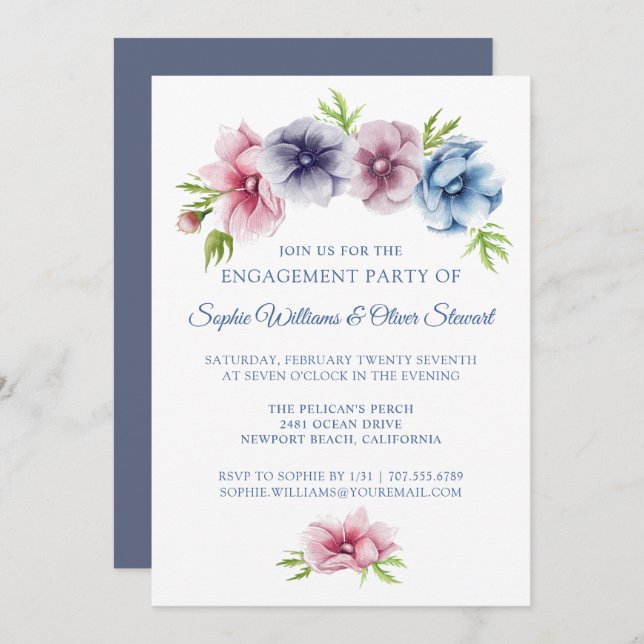 Watercolor Anemone Flower Wedding | Engagement Invitation (Front/Back)