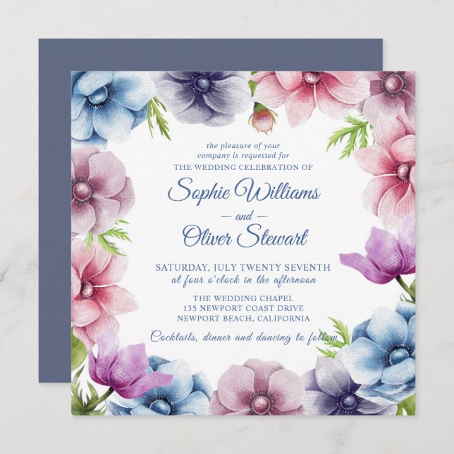Watercolor Anemone Flower Wedding Invitation (Front/Back)