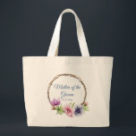 Watercolor Anemone Flower Wedding Large Tote Bag<br><div class="desc">These wedding tote bags feature an elegant blue script on a white background surrounded by gorgeous Anemone flowers in pink, lavender, blue, purple and violet with green leaves. The text can be personalised by editing the text boxes. Designed for you by Evco Studio © at www.zazzle.com/store/evcostudio #wedding #motherofthegroom #bridalparty #tote...</div>