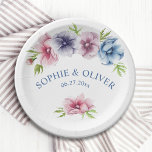 Watercolor Anemone Flower Wedding Paper Plate<br><div class="desc">These Wedding Plates feature an elegant blue script on a white background surrounded by gorgeous Anemone flowers in pink, lavender, blue, purple and violet with green leaves. The text can be personalised by editing the text boxes. Designed for you by Evco Studio © at www.zazzle.com/store/evcostudio #wedding #plates #tableware #weddinginspiration #anemone...</div>