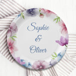 Watercolor Anemone Flower Wedding Paper Plate<br><div class="desc">These Wedding Napkins feature an elegant blue script on a white background surrounded by gorgeous Anemone flowers in pink, lavender, blue, purple and violet with green leaves. The text can be personalised by editing the text boxes. Designed for you by Evco Studio © at www.zazzle.com/store/evcostudio #wedding #plates #tableware #weddinginspiration #anemone...</div>
