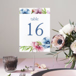 Watercolor Anemone Flower Wedding Table Number<br><div class="desc">Watercolor Anemone Flower Wedding Table Number cards features an elegant blue script on a white background surrounded by gorgeous Anemone flowers in pink,  lavender,  blue,  purple and violet with green leaves. The text can be personalised by editing the text boxes. Designed for you by Evco Studio © at www.zazzle.com/store/evcostudio</div>