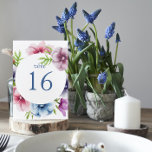 Watercolor Anemone Flower Wedding Table Number<br><div class="desc">These table number cards features an elegant blue script on a white background surrounded by gorgeous Anemone flowers in pink,  lavender,  blue,  purple and violet with green leaves. The text can be personalised by editing the text boxes. Designed for you by Evco Studio © at www.zazzle.com/store/evcostudio</div>