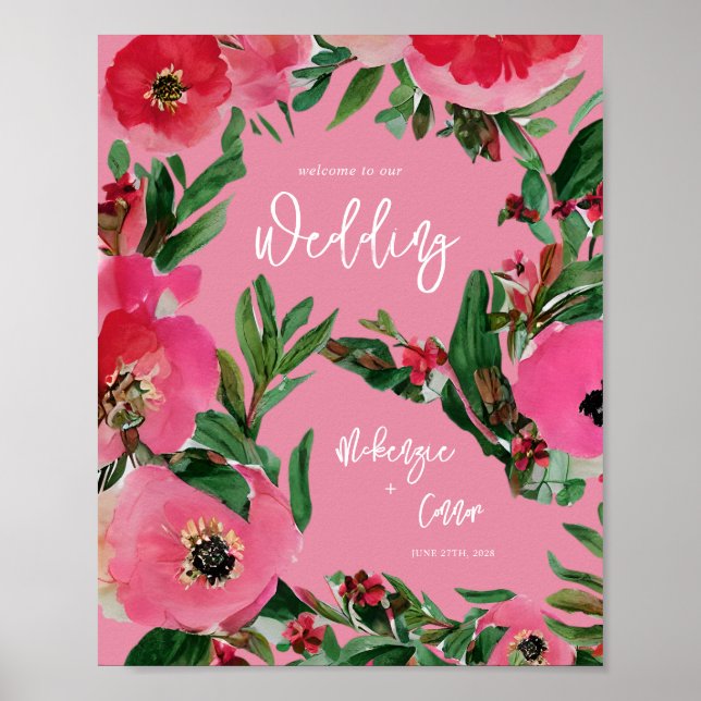 Watercolor Anemone Pink Wedding Welcome Poster (Front)