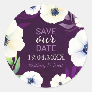 Watercolor Anemone Purple Wedding Save the Date Classic Round Sticker