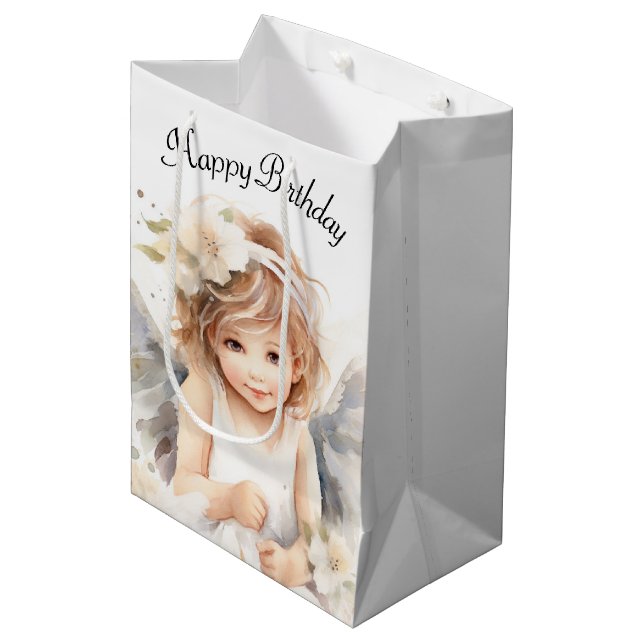 Watercolor Angel Birthday Girl Medium Gift Bag (Front Angled)