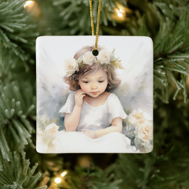 Watercolor Angel Girl With Flowers Ceramic Ornament (Tree)