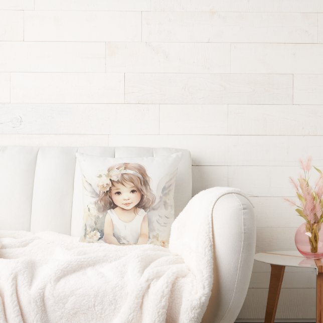 Watercolor Angel Girl With Flowers Cushion (Couch)