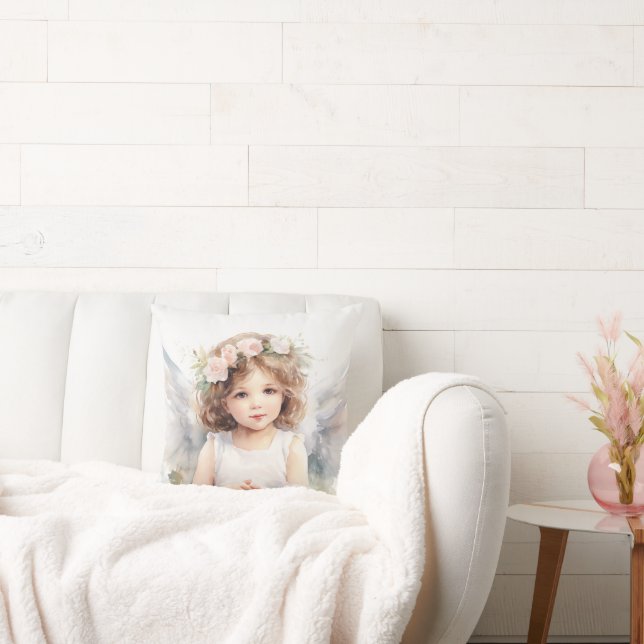 Watercolor Angel Girl With Flowers Cushion (Couch)
