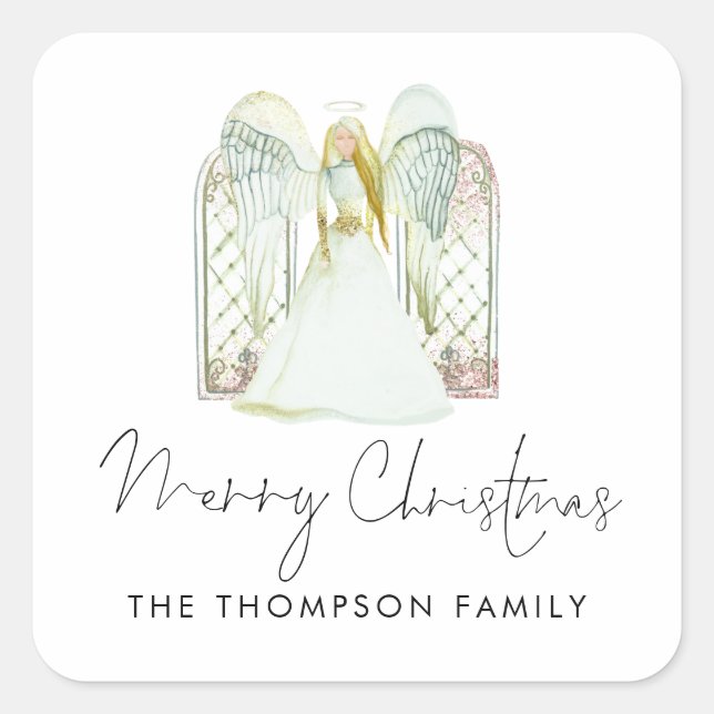 Watercolor Angel Merry Christmas Script  Square Sticker (Front)